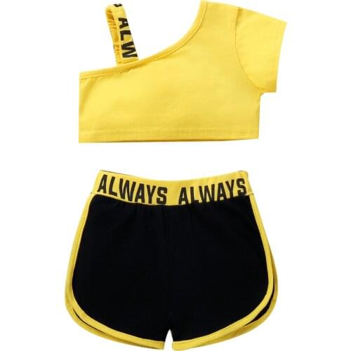 New 2Pcs Toddler Summer Outfit, Letters One-Shoulder Short Sleeves Crop Tops + Elastic Waist Shorts for Baby Girls, 0-12 Months