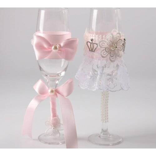 Newest 1 pair pink bowknot wedding wine cup Wedding Bridal Shower Gift wedding Champagne Toasting Glasses Set