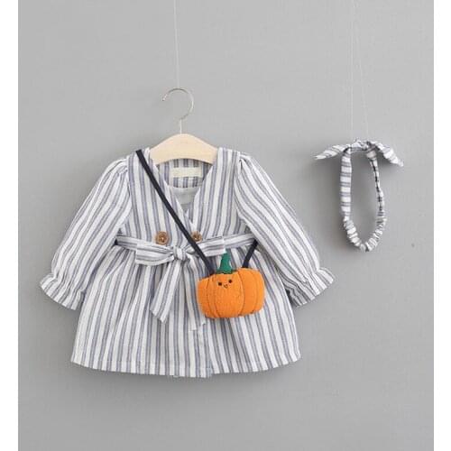 2020 Autumn New Baby Girls V-neck Send Small Pumpkin Shoulder Bag Vertical Stripe Princess Dresses Children Send Headdress Dress
