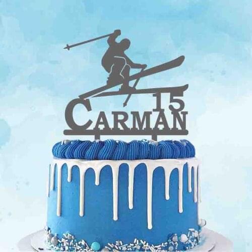 Personalized Skiing Cake Topper Custom Name Age Man Skiing Silhouette Skiing Fans Winter Birthday Party Cake Decoration Topper