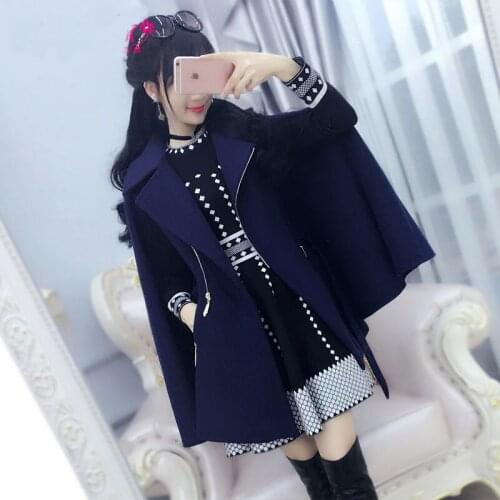 Dark Blue British Zipper Cloak Woolen Coat Female Winter Thick New Product Slim Handsome Cloak Winter Womens Jacket