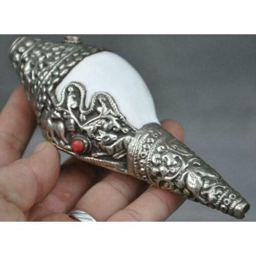 Tibet Buddhism shell Inlay Tibetan Silver red Coral Gem Conch Shell Trumpet Horn