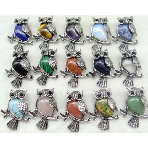Vintage Silver Plated Owl Natural Stone Opal Turquoises Quartz Crystal lapis Brooch pendant For diy Jewelry making Accessories