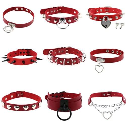 Vintage Punk Geometric Jewelry Red PU Leather Round Heart Choker Necklace Women Chocker Necklaces Collares