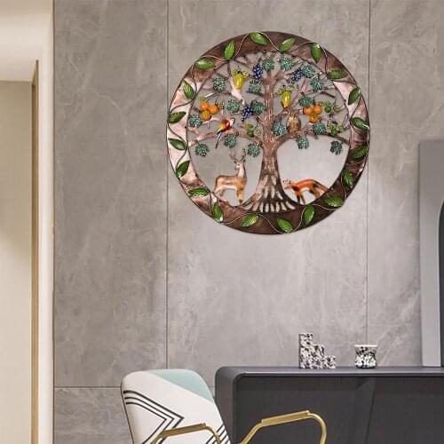 Iron Wall Sculptures-Metal Round Wall Decor with Tree, Birds, Deer and Fox, Hand-Painted Metal Artwork Wall Hanging Decoration