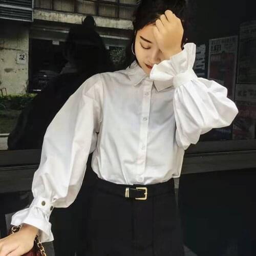 Lantern Sleeve Shirts Women 2020 Celebrity Style Loose Long Sleeved Plain White Black Cotton Shirt Women Tops