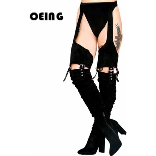 Women Waist Belt Thigh High Chap Boots Faux Suede Leather Chunky High Heels Boots Nightclub Sexy Over The Knee Boots Big Size 44
