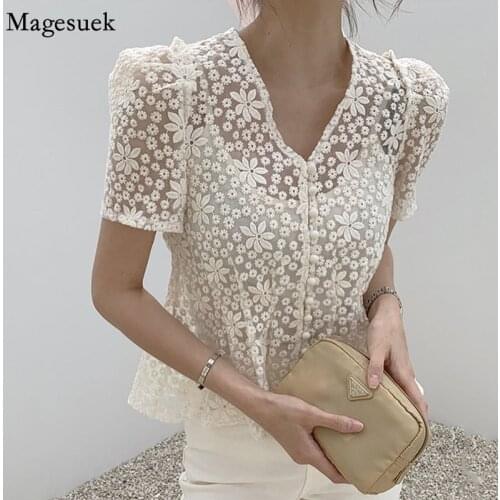 Summer Korean Lace Floral Women Top with Sling 2021 Vintage V Neck Puff Short Sleeve Slim Shirt Elegant Transparent Blouse 14698