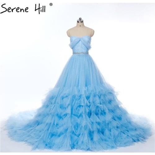 2021 Sexy Sweetheart Wedding Dress Blue Ruched Crystal Tulle Bridal Train Wedding Gown Real Picture Serene Hill HA2038