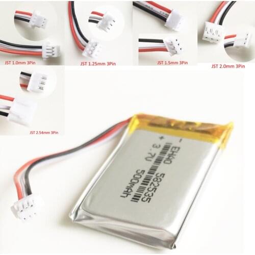 582535 3.7V 500mAh lipo polymer lithium rechargeable battery JST 3pin plug 1.0/1.25/1.5/2.0/2.5 for MP3 GPS bluetooth headset