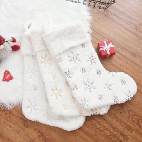 Snowflakes Embroidered White Plush Christmas Stockings Candy Socks Gifts Bag With Hanging Loops Xmas Tree Fireplace Decorations