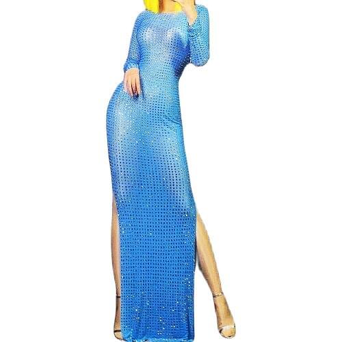 Shining Studded Diamonds Long Sleeve Women Dresses Tight Stretch Split Mesh Perspective Floor-Length Dresses Nightclub Costumes