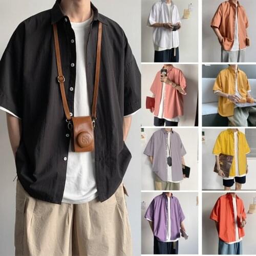 Korean Hipster Multicolor Summer Youth Trend Daily Casual Basic Mens Shirts Regular Fit Short Sleeve100% Cotton White Shirt