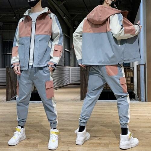 Hip Hop 2 pieces Set Mens Tracksuit Casual Letter Print Suits Loose Stand Collar Sweatshirts Men Jacket+Pants Sets