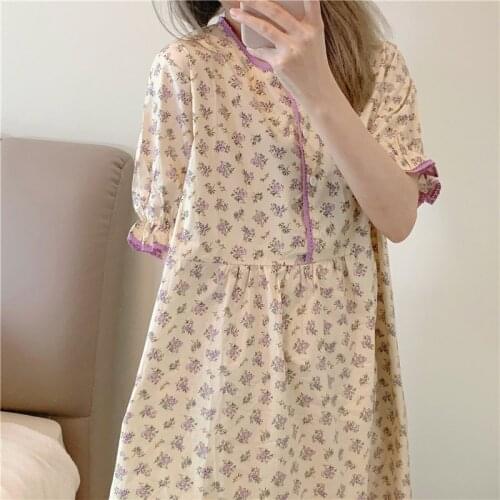 Floral Print Summer Nightgown Sweet Cotton Korean Sleepwear Loose Short Sleeve Sleep Dress O-Neck Home Clothes Homewear