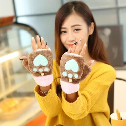 Lovely Cartoon Women Bear Cat Claw Paw Mittens Plush Female Half Finger Winter With Lid Fingerless Gloves Ladies Warm Gloves G87