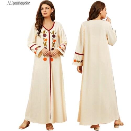 Muslim Women Floral Embroidery Dress Abaya Kaftan Jilbab Loose Robe Islamic Clothing Modesty Autumn Vestidos Plus Size Gown