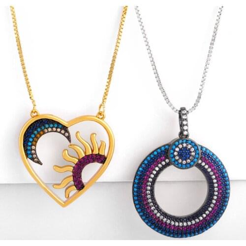 New Bohemia Black CZ Paved Zirconia Heart Necklace Round Circle Pendant Necklaces Statement Fashion Rainbow Jewelry nke-p72