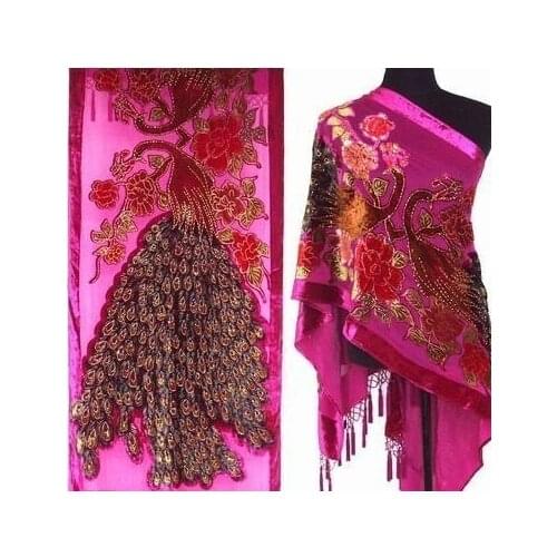 Novelty Hot Pink Female 100% Silk Velvet Cape Embroidery Beaded Pashmina Stole Chinese Style Peacock Muffler 175 x 54cm C020