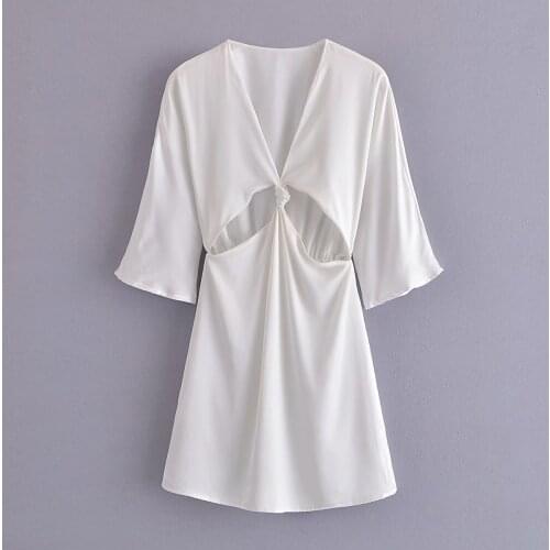 New Women Vogue Solid Hollow Out Mini Dress V-Neck Half Sleeve Vintage Female Dresses Woman Robe