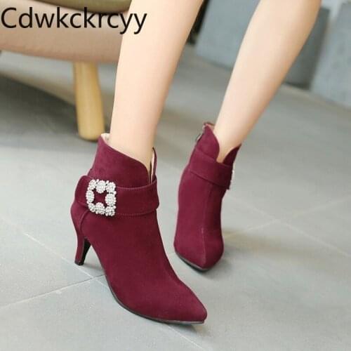 Winter The New fashion Pointed Fine heel Martin boots red Rhinestone Sexy Plus velvet Keep warm High heel Women boots size 34-48