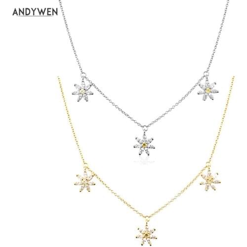 ANDYWEN 925 Sterling Silver Gold Three Chrysanthemum Charm Zircon Pave Choker Necklace Long Chain Women Fashion Fine Jewelry