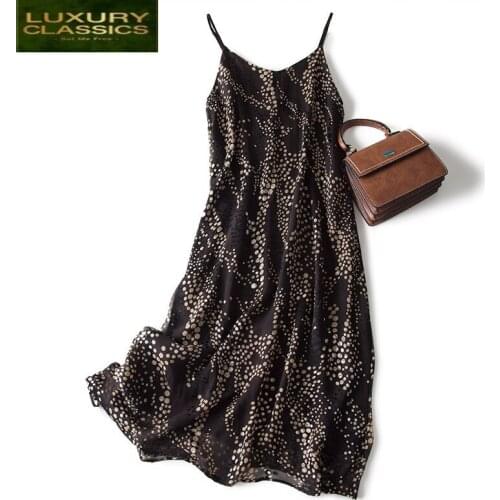 Dress Women Vintage Summer Real Silk Dresses 2021 Korean Sexy V Enck Sleeveless Polka Dot Party Dress Boho Vestidos 0139