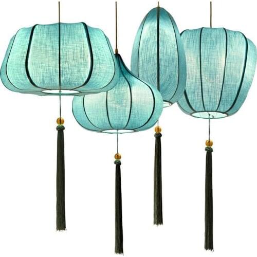 China Cloth Lantern Pendant Light Blue Fabric Retro Suspension Lamp Indoor Restaurant Living Room Pendant Lighting PA0573