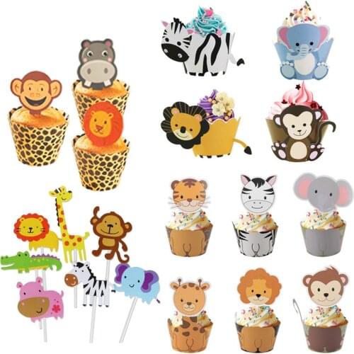 Safari Lion Monkey Cake Toppers Jungle Birthday Theme Party Decor Cupcake Wrapper Cupcake Decor for Kids Birthday Party Supplies