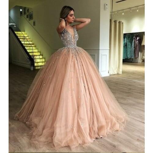 Bling Ball Gown Gold Quinceanera Dresses Rhinestone Puffy Tulle Prom Dresses Elegant V Neck Sweet 15 Year Old 2018 princess gown