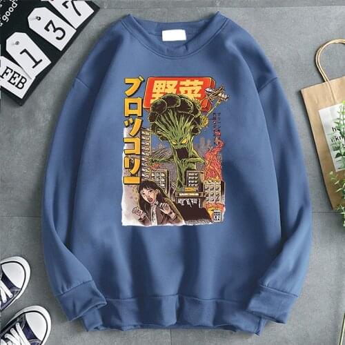Japan Broccozilla Anime Print Sweatshirts Man Hoodies Vintage Casual Harajuku Warm Hoody Autumn Fleece Hoodie O-Neck Pullover