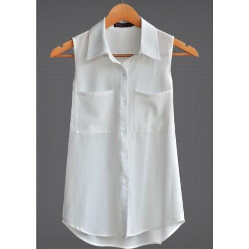 2020 Loose Slim Turn-Down Collar Sleeveless OL Chiffon Shirts White Tops Femme Summer Omen Blouses