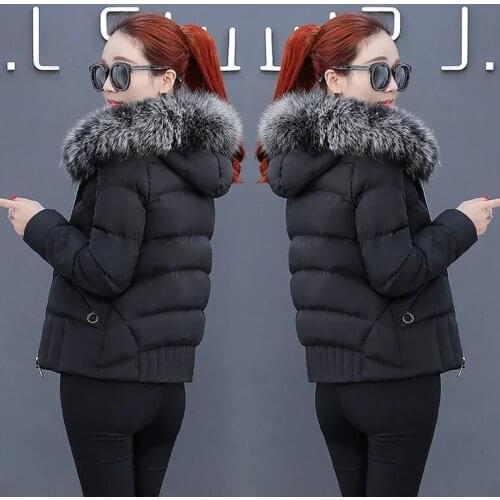 Women 2021 Winter New Big Fur Collar Cotton-padded Jacket Female Short Thicken Warm Coats Ladies Slim Solid Color Parkas T629