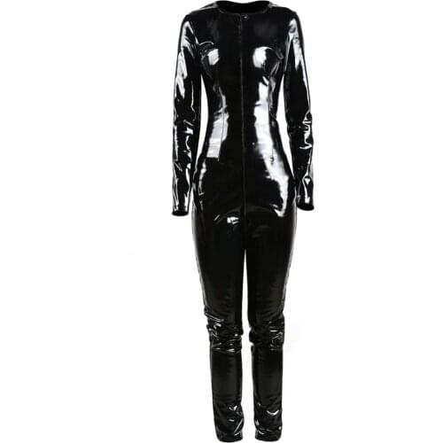 Women Black Vinyl PVC Leather Jumpsuit Catsuit Long Sleeves Zipper Shiny Exotic Cat Women Bodysuit