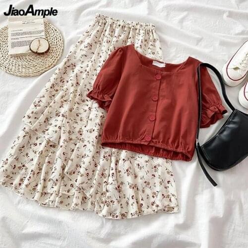 Womens Summer Two Pieces Clothing Set 2021 Korean Student Casual Square Collar Short Sleeve Top+chiffon Print Ruffle Skirt Suit