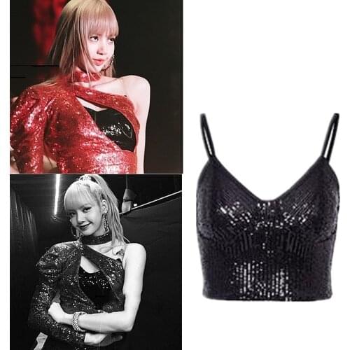 Kpop TWICE EXO GOT7 Summer slim V-Neck Vest Women Sexy Sling Black Sequins tank Tops Backless Lady Sleeveless Vest Crop Top