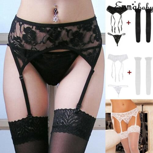 2019 Sexy Women Lace Flowers Lingerie Underwear Outfits G-string+Garter Belt+Stockings 3Pcs Sets Fashion Ladies Underwear