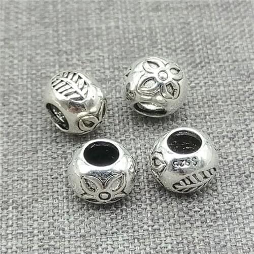 6 Pieces of 925 Sterling Silver Flower and Leaf Beads with Imprint for Bracelet