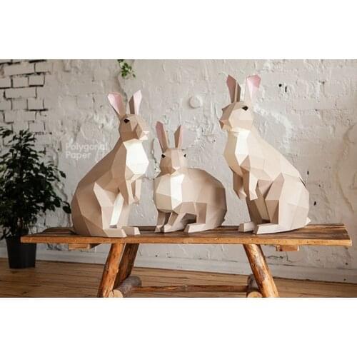 70CM Three Cute Rabbits 3D Low Poly Paper Model DIY Home Wall Decoration Papercraft Animal Model Statue Creative Art Ornament