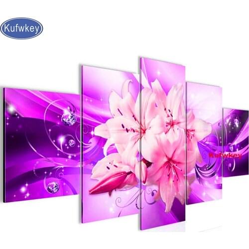 Purple Lily DIY 5D Diamond Painting Multi-picture diamond Embroidery 5 Panel Diamond Mosaic Full Drills Flower Decor Home