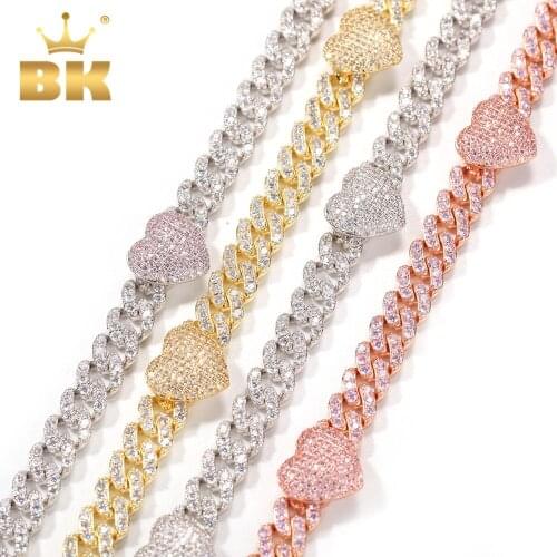 THE BLING KING Pink 9mm Width Cuban Chain With Alphabet Pendant DIY Blue Stones Chain Female Jewelry