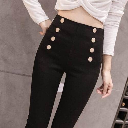 Black Pencil Pants Women Spring Autumn Double-Breasted High-Waist Leggings Women Fashion Slim Stretch Skinny Legging Femme C7443