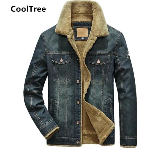 CoolTree Men Denim jacket Autumn Winter Plus velvet Thick Warm Fur collar Jeans Coat Male Slim Fit Denim Outerwear Plus Size 7XL