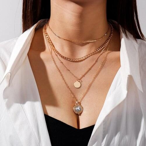 Elegant White Crystal Necklaces for Women Vintage Coin Pendant Jewelry Gold Silver Color Multi-Layer Chain Necklace