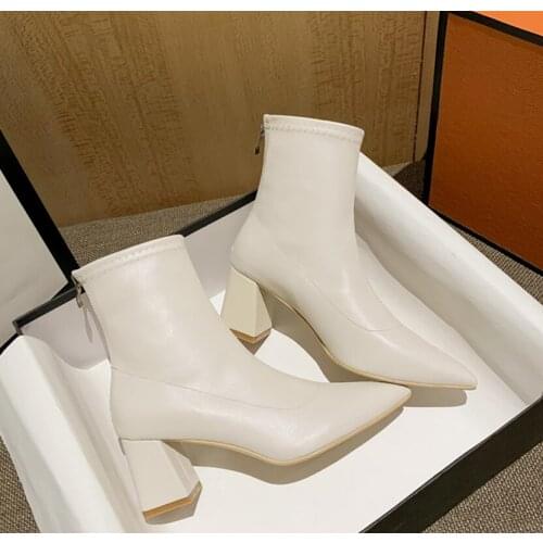 Elegant Woman Ankle Boots Fashion Beige Pointed Leather Shoes Socks Boot Thick With High Heels Women Wedding Party Winter Shoes