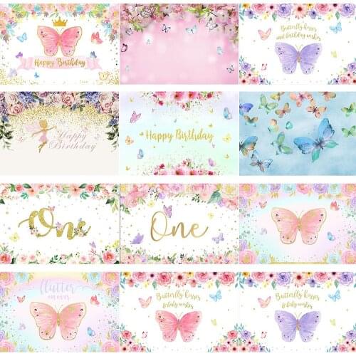 Butterfly Birthday Backdrop Spring Floral Girls Birthday Photo Background Purple Butterfly 1st Brithday Party Decoration Photo