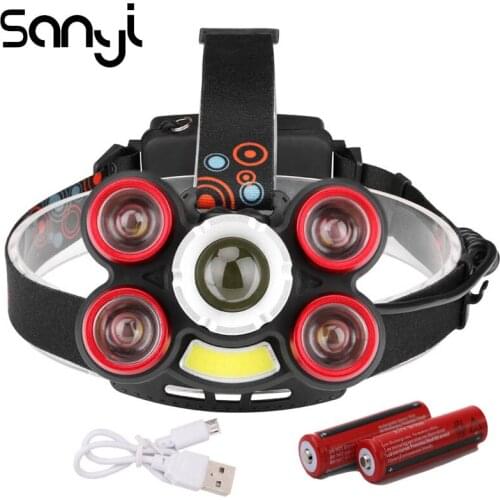 SANYI Strong Bright LED Headlight 5 Modes Head Lamp T6 Flashlight Forehead by 18650 Battery USB Rechargeable for Camping