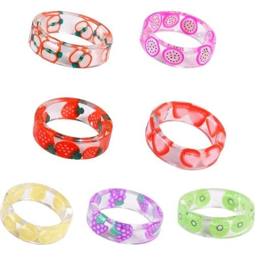 Transparent Resin Acrylic Ring For Women Girls Fashion Fresh Fruits New Design Strawberry Lemon Finger Jewelry Gifts