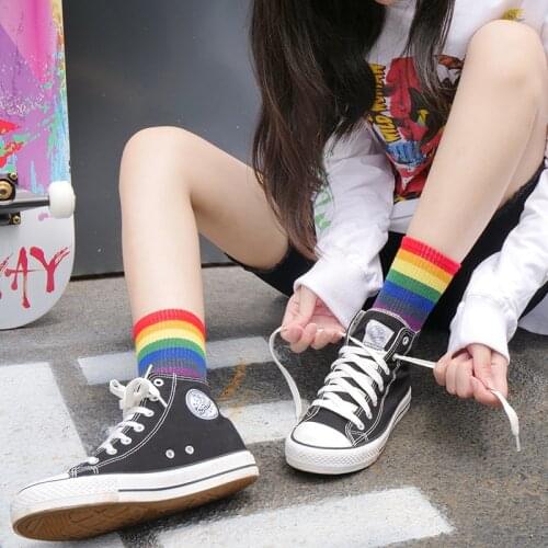 Fashion Rainbow Socks Sport Cotton Socks Butterfly Print Ladies Hip Hop korean Style Women Harajuku Long Socks Streetwear Sox
