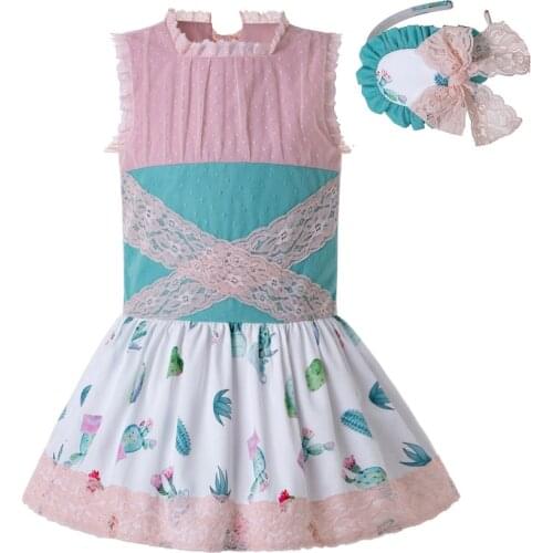 Pettigirl New Fancy Girls Dress Printed Party Dresses With Lace Bow And Headwear Kids Clothing Summer Fashion